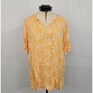 Bloomchic Ruffle Blouse Women's 2X Yellow Multi Floral Print Half Sleeve NWT